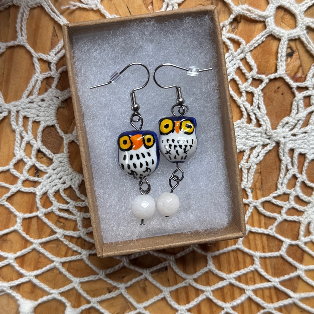 Whimsical Blue and White Owl Earrings